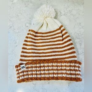 Krochet Kids Copper & Cream Striped Knit Beanie with Pom-Pom NWT